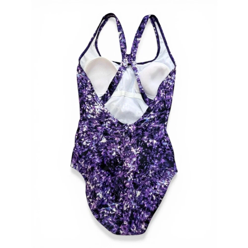 Speedo One Piece Swimsuit Womens Size 12 Purple Abstract Racerback Athletic Swim